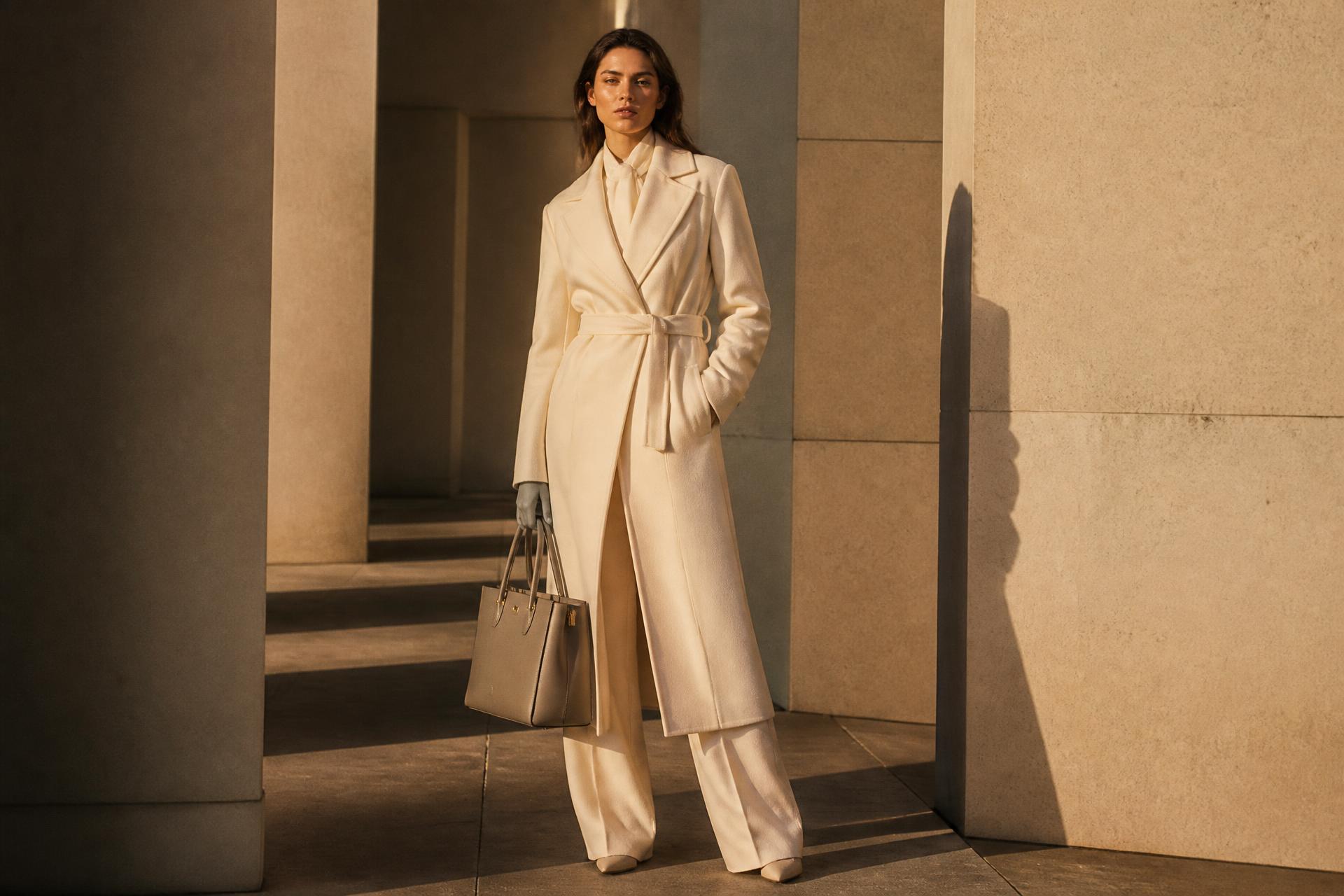 Woman in an ivory tailored coat carrying a structured handbag in warm architectural light